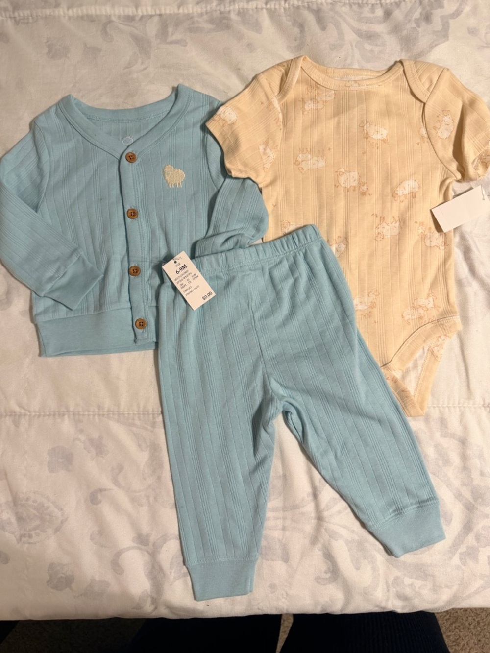 cloud island Blue Ribbed Cardigan & Pants Set with Cream Sheep Bodysuit